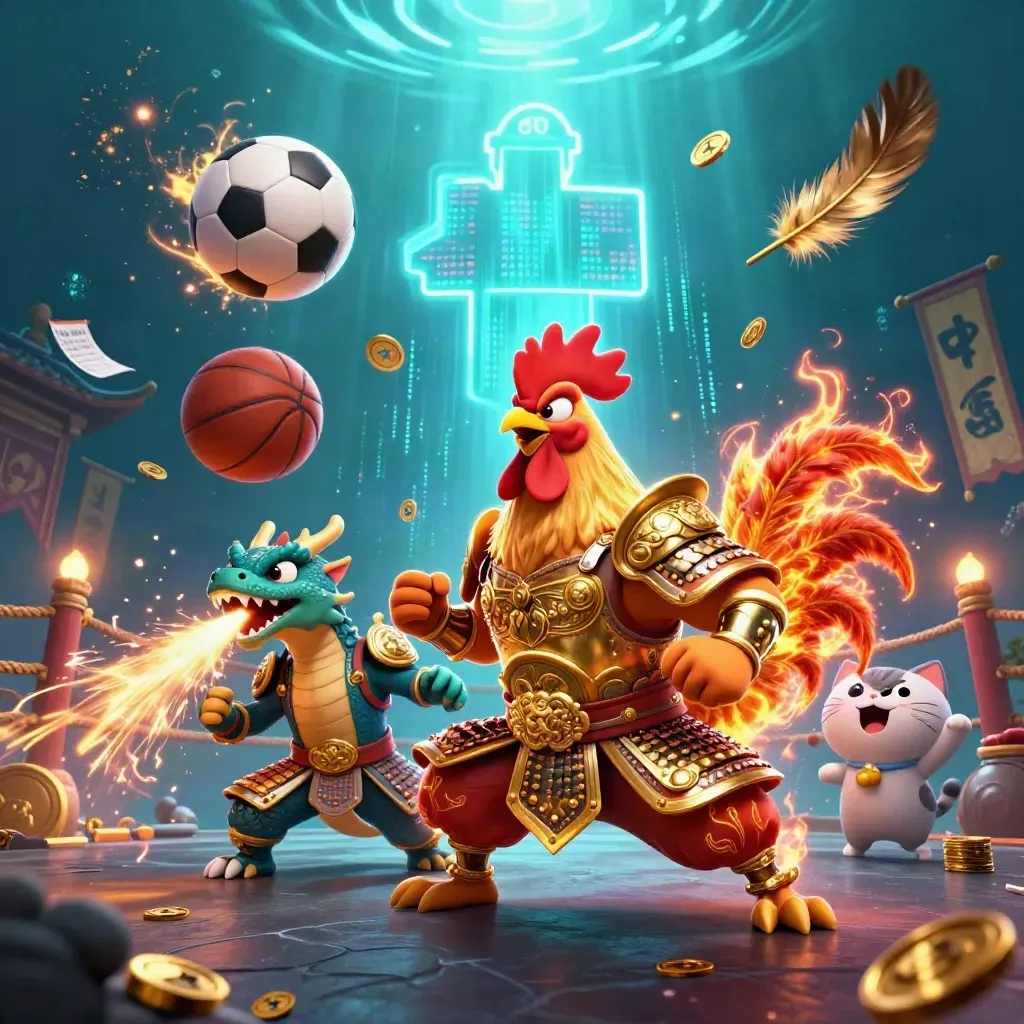 Rooster warrior, dragon hatchling and fortune-cat amid sports balls, sparks and casino glow