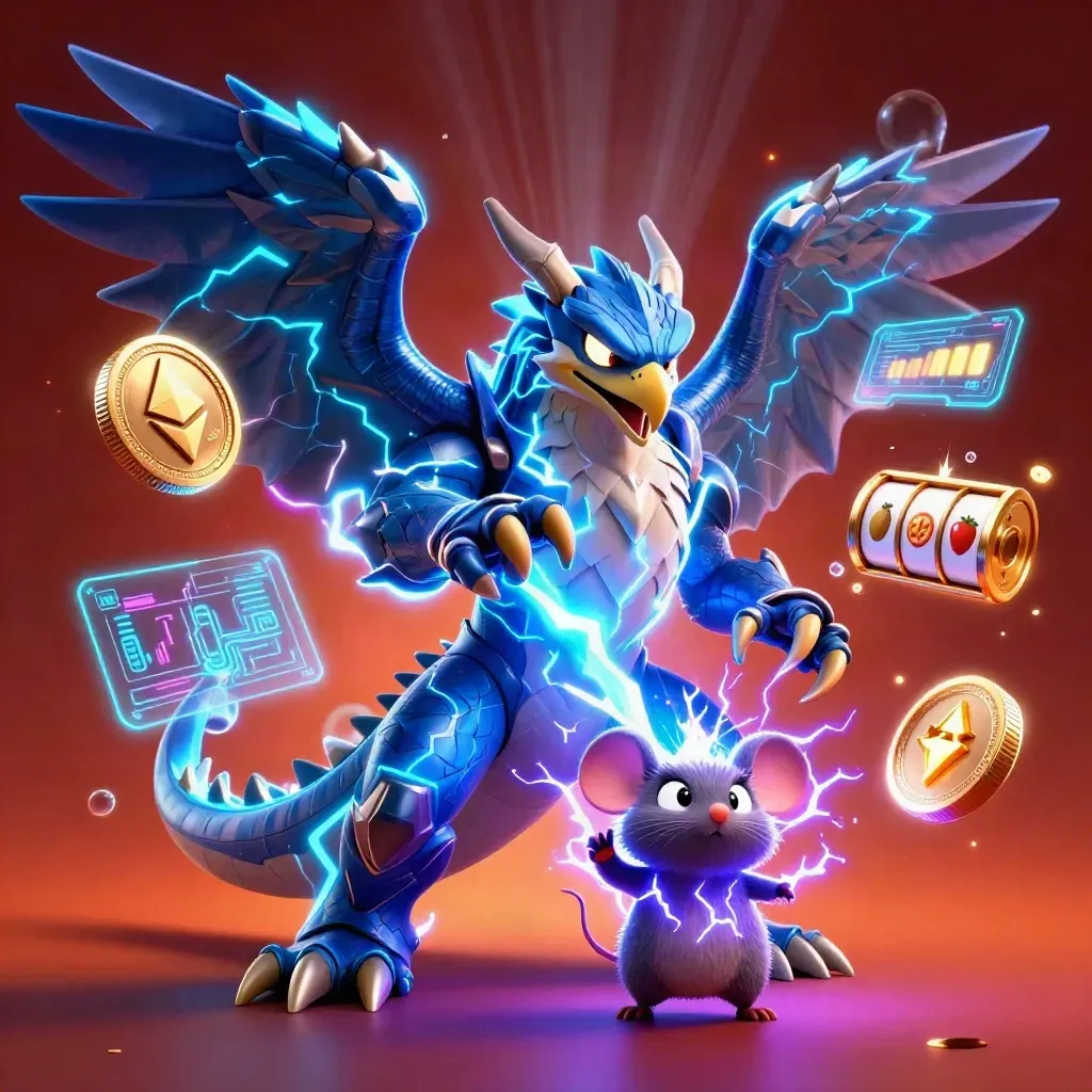 Thunder dragon, hawk, and mouse blast neon casino energy with coins and lightning.
