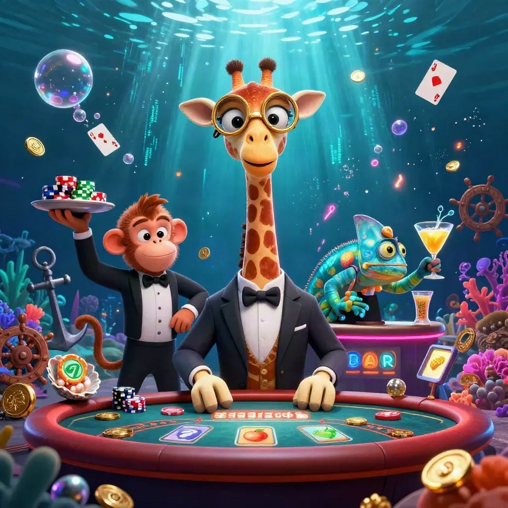 Giraffe, monkey, and chameleon in a neon underwater casino treasure scene with coins and coral.