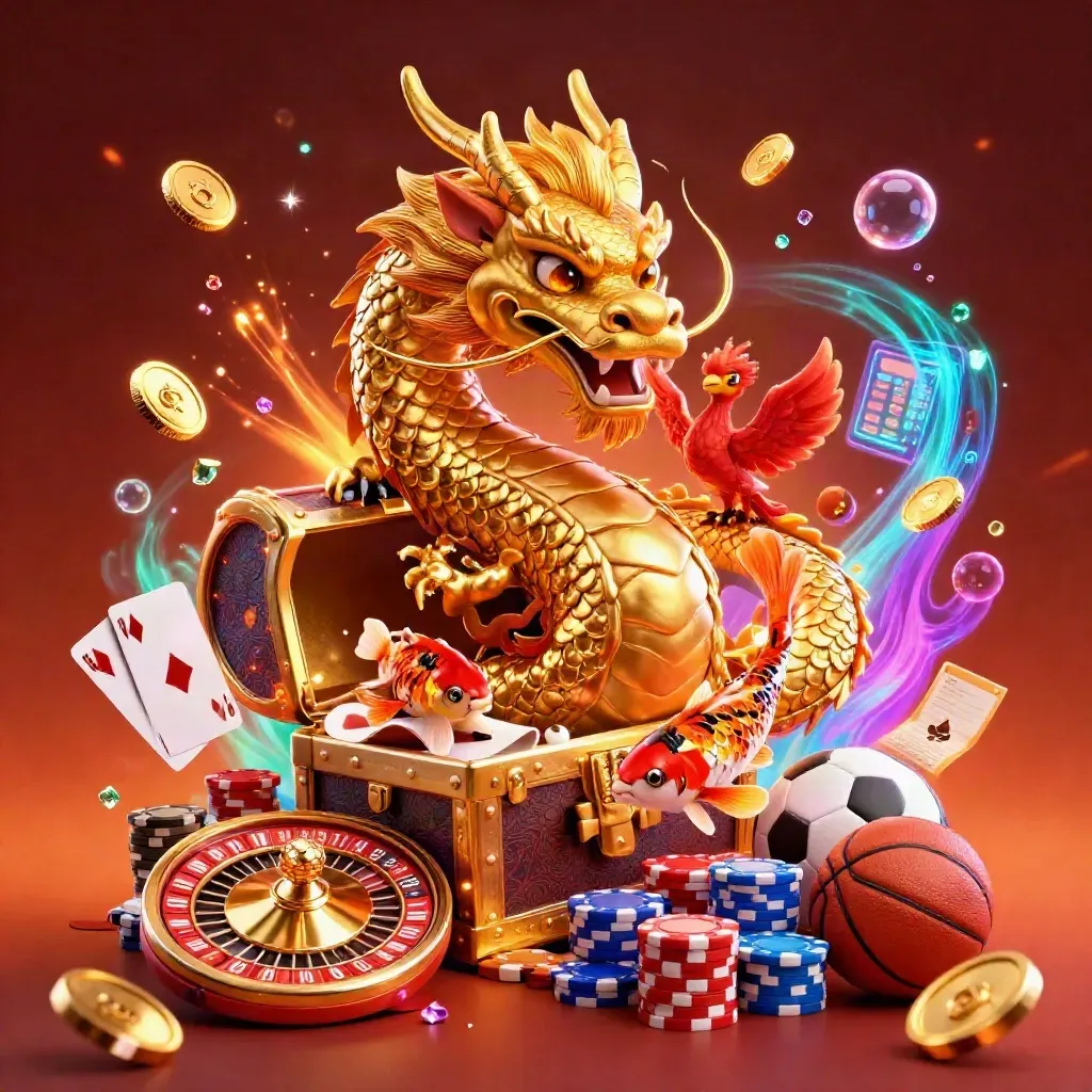 Golden dragon, phoenix and koi amid coins, cards, chips, balls and casino glow.