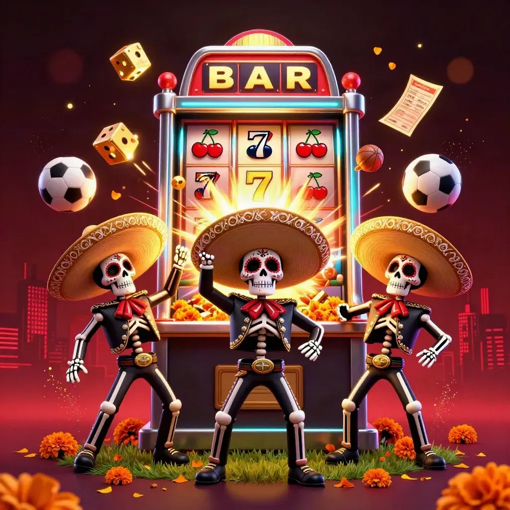Day-of-the-Dead skeleton mariachi trio, soccer ball mid-flight, slot machine blast, neon casino lights