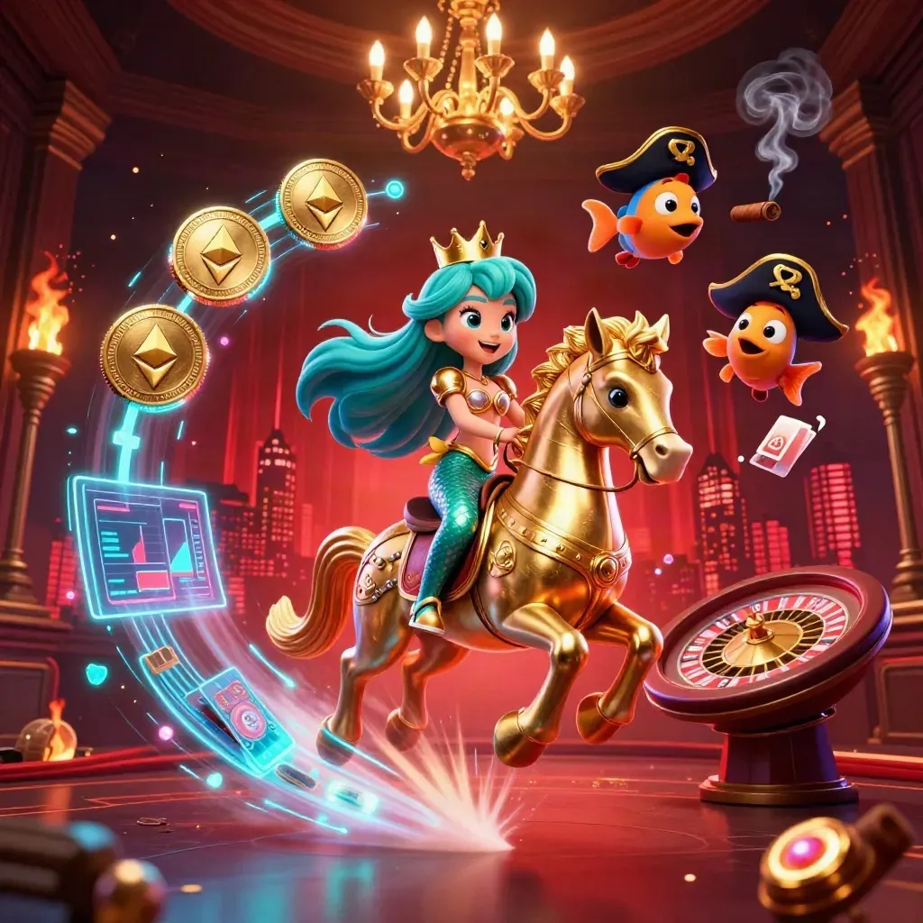 Mermaid princess rides armored seahorse amid casino neon, coins, smoke, roulette and cards.