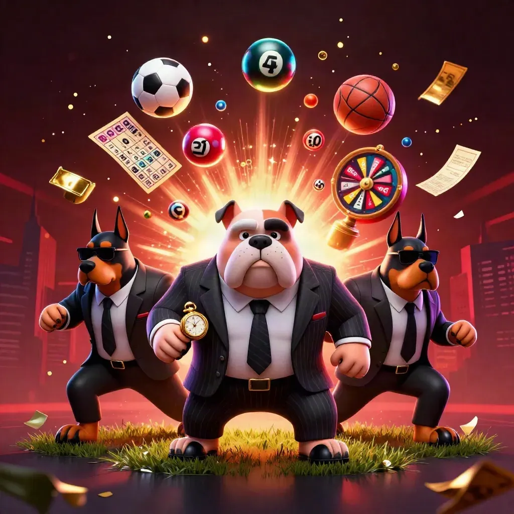 Bulldog mob boss and Dobermans burst through glowing casino sports icons and lights.