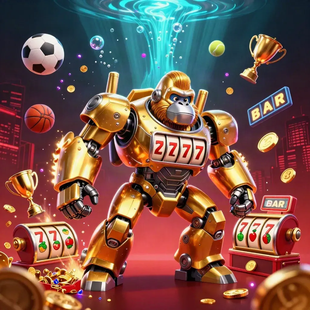 Golden gorilla mech with tiny pilot, flying sports balls, coins, and neon casino glow.
