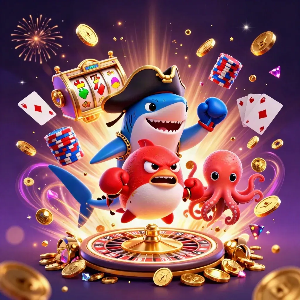 Shark captain, boxing pufferfish and juggling octopus explode through coins and casino symbols.