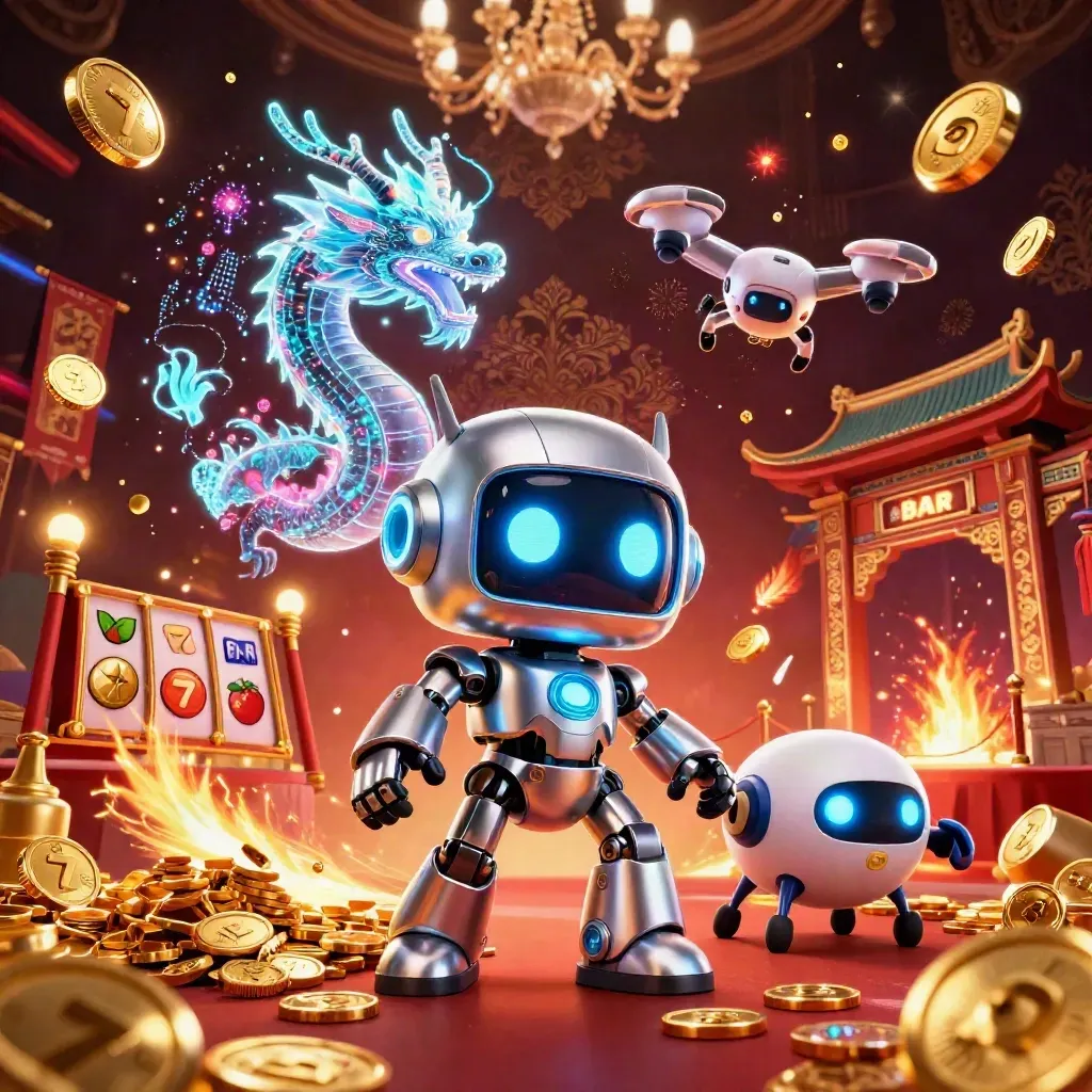 Robot mascot, holographic dragon and coin drone amid treasure, slots, banners and neon casino energy