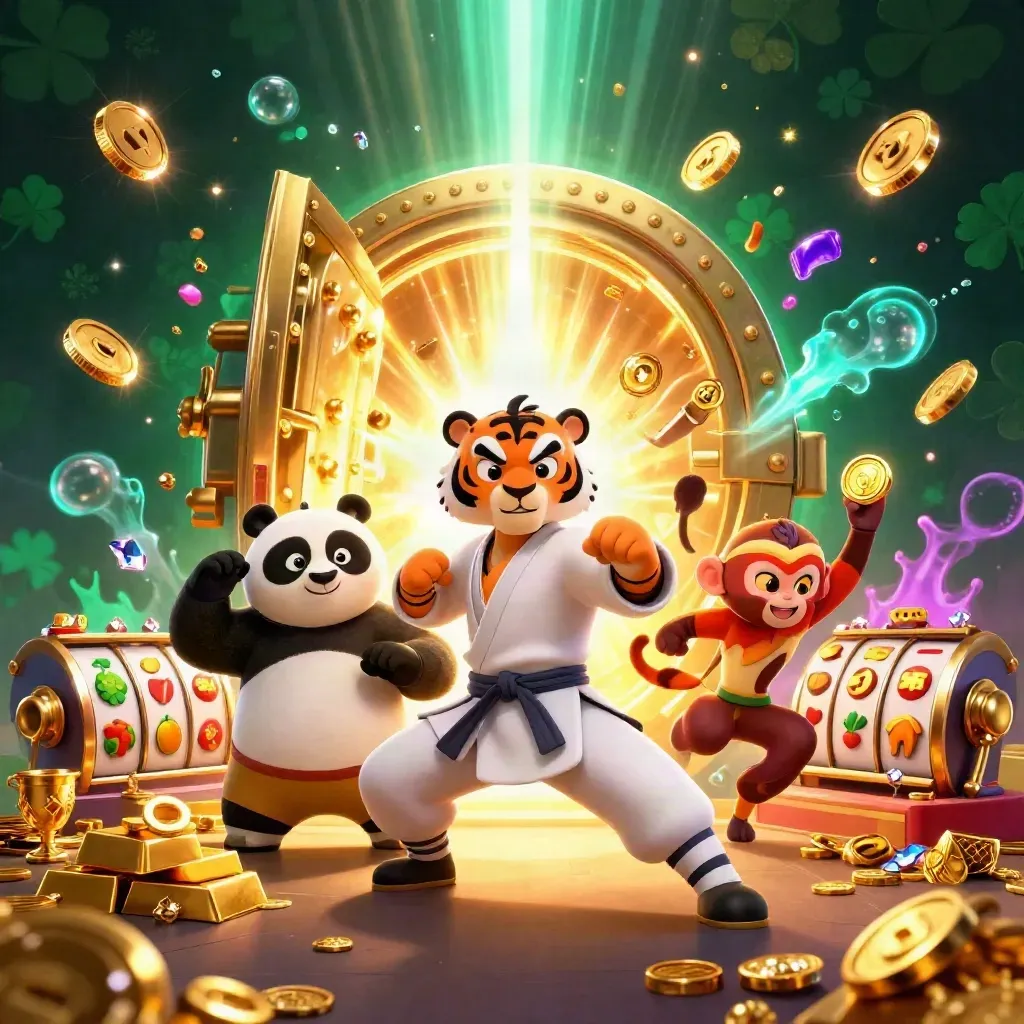 Tiger, panda, and monkey hero trio amid exploding treasure, coins, reels, and fireworks