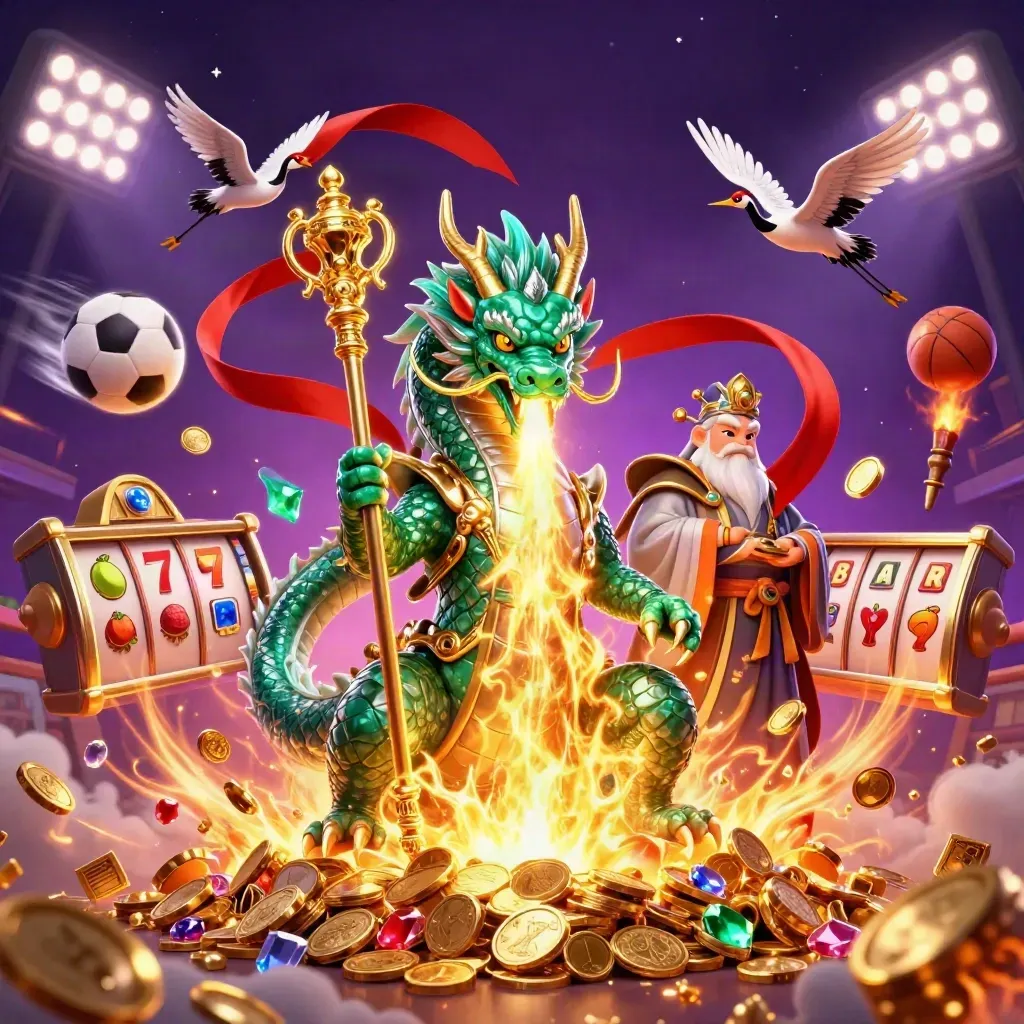 Jade dragon, turtle sage, and cranes amid treasure, coins, sports balls, and casino glow