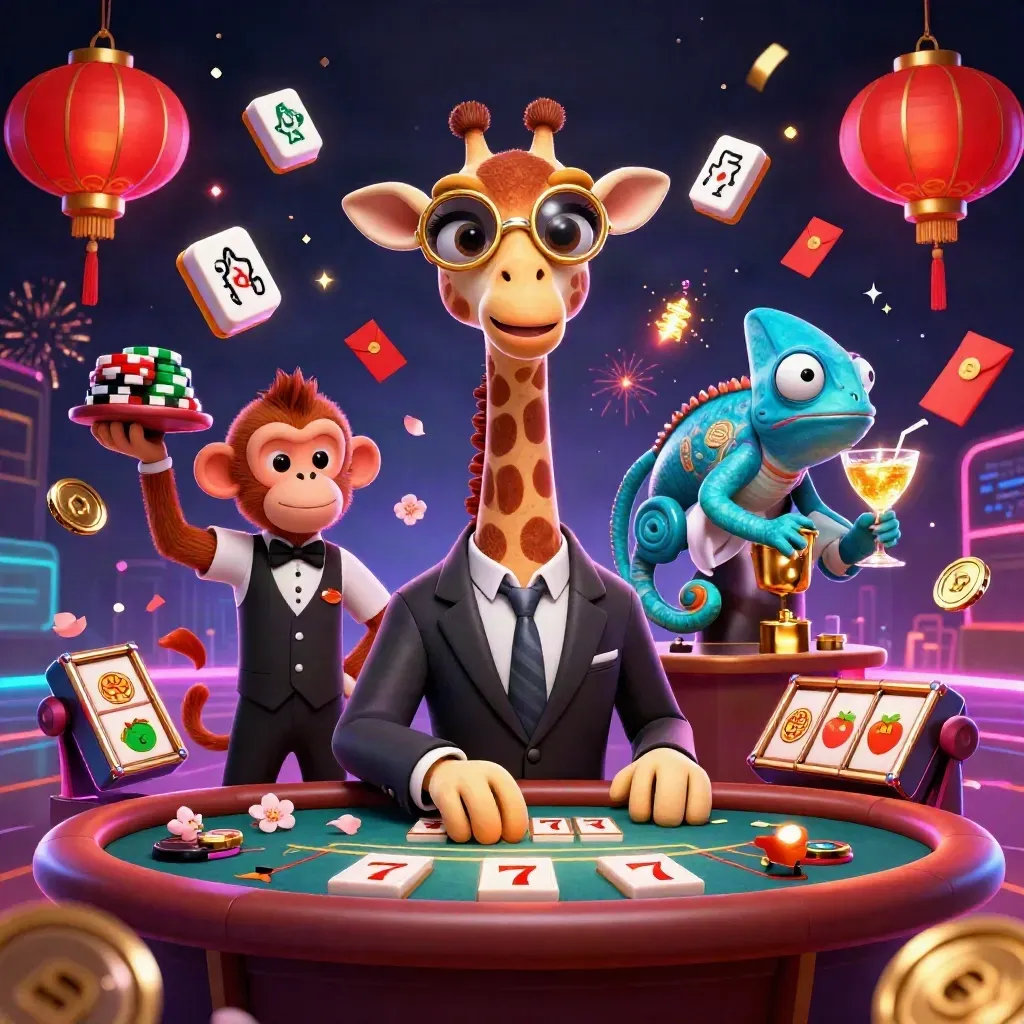 Giraffe, monkey, and chameleon casino heroes amid neon chips, lanterns, coins, and fireworks.