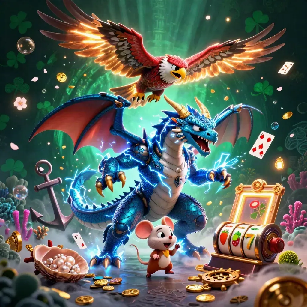 Thunder dragon, wind hawk, and thunder-mouse amid casino treasure, lightning, and glowing reels.
