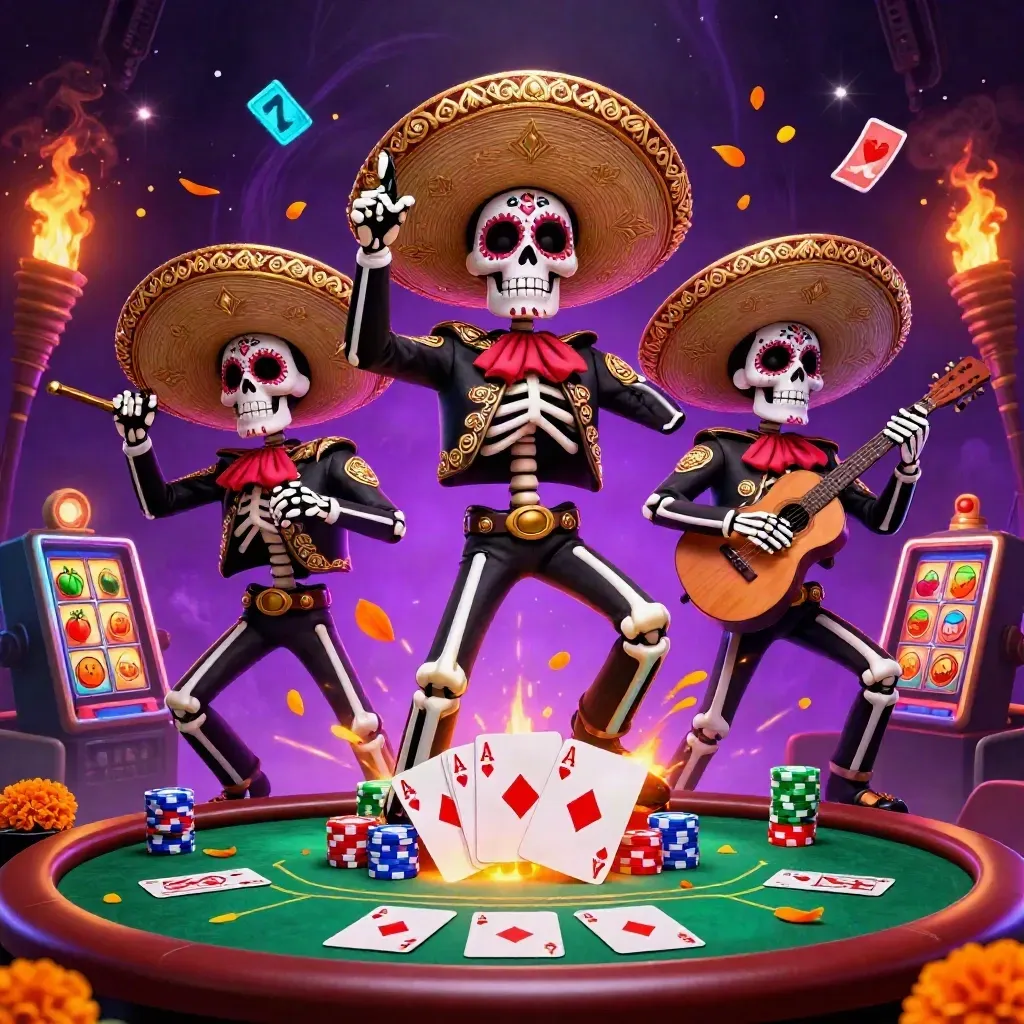 Skeleton mariachi trio amid poker chips, slot reels, fire, and neon casino glow.
