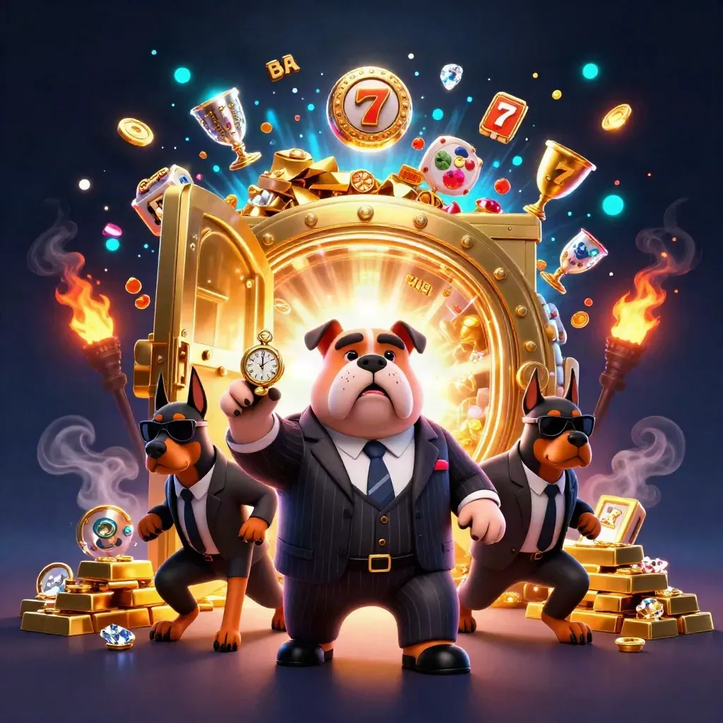 Bulldog boss and two Doberman guards with gold vault, slot reels, and neon casino glow