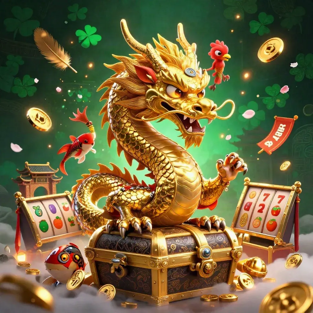 Golden dragon, red phoenix, and koi amid casino relics in a dark emerald glow.