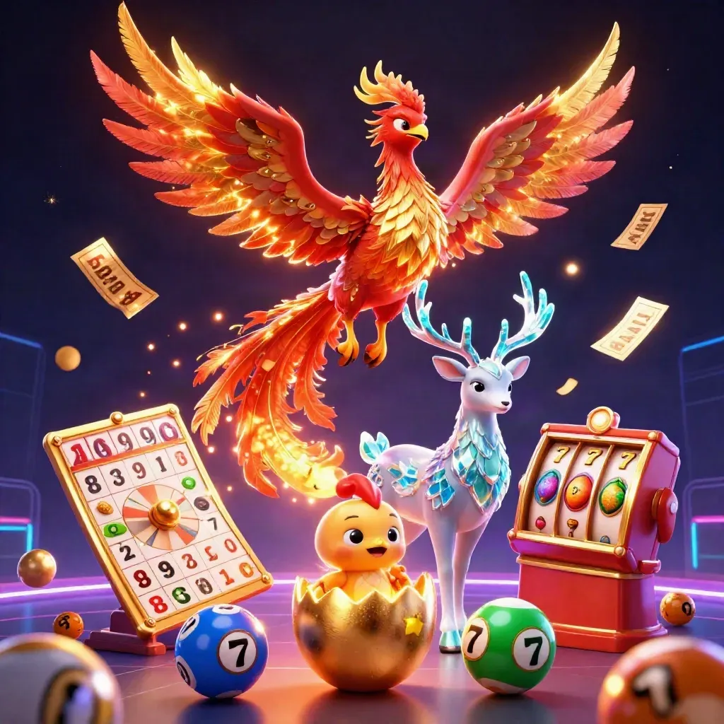 Fire phoenix, baby phoenix, and crystal stag amid casino rewards and neon glow.