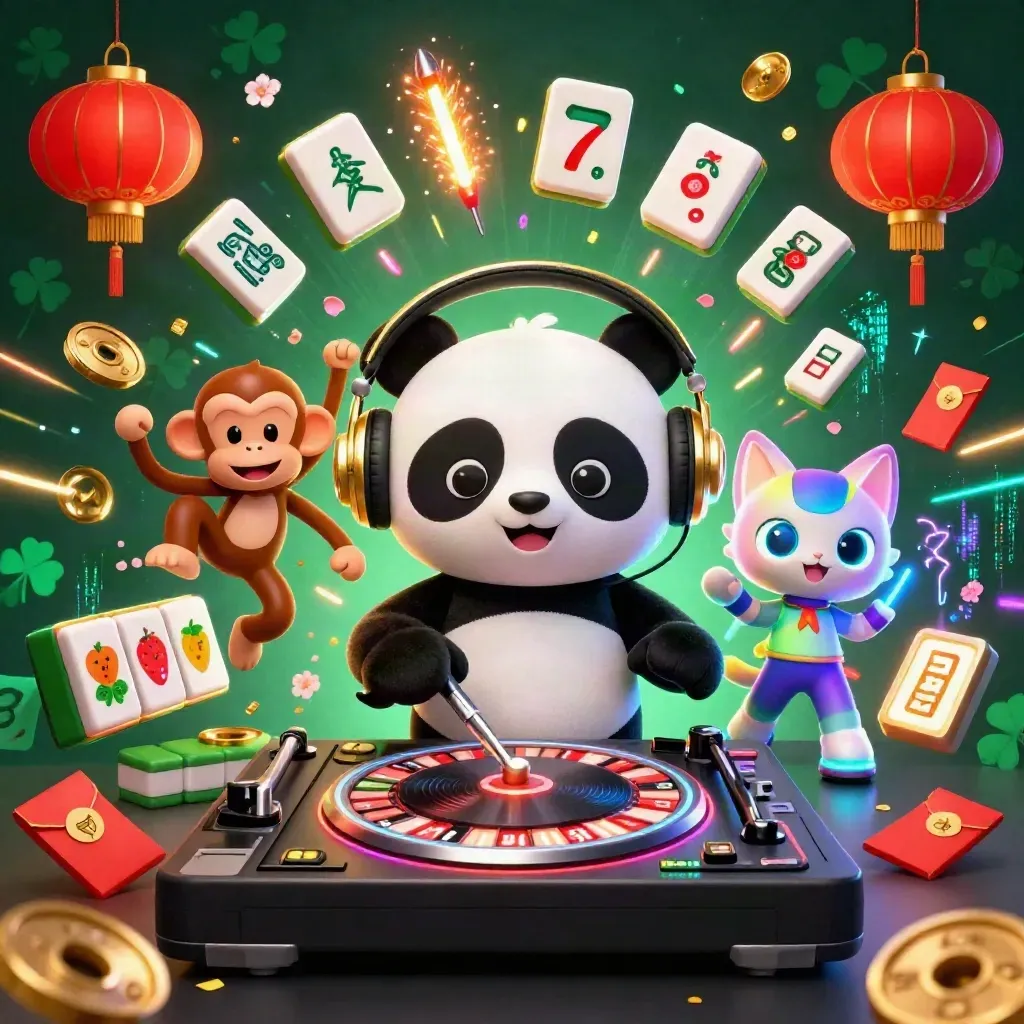 DJ panda, dancing monkey, and glow-stick kitten amid casino symbols and neon sparks